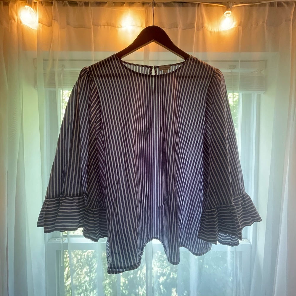 Paraphrase Boxy Blouse with Ruffled Bell Sleeves in White and Blue
